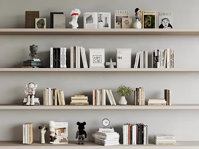 Stylish Bookshelf Display With Various Books Magazines Small Statues Potted Plant And Clock 3d model