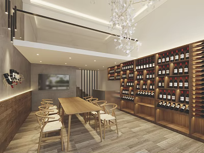 Modern Liquor Store Interior With Wine Racks Filled With Wine Bottles Wooden Table And Chairs 3d model