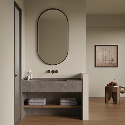 Modern Bathroom Interior Featuring Ovular Mirror Concrete Sink Brass Faucet And Wooden Shelf With Towels 3d model