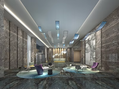 Modern Hotel Lobby With Marble Walls Hanging Chandeliers Comfortable Lounge Seats And Artwork 3d model