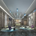 Modern Hotel Lobby With Marble Walls Hanging Chandeliers Comfortable Lounge Seats And Artwork