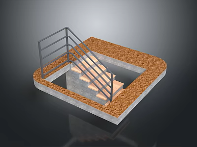 Staircase Structure With Metal Railing Concrete Base And Wooden Steps On Gravel Surface 3d model
