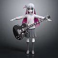 Anime Girl Grey Hair Pink Tips White Hoodie Grey Skirt Black Electric Guitar Arms Open