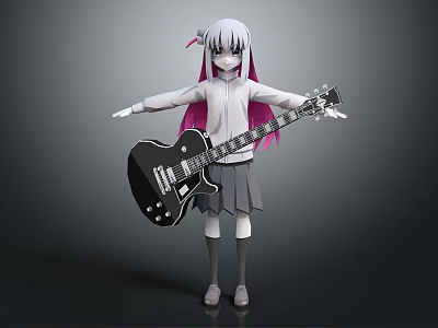 Anime Girl Grey Hair Pink Tips White Hoodie Grey Skirt Black Electric Guitar Arms Open 3d model
