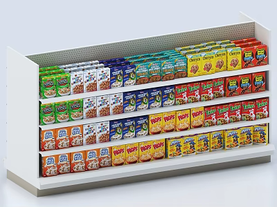 Retail Display Shelf with Various Colorful Cereal Boxes Neatly Arranged in Multiple Layers 3d model