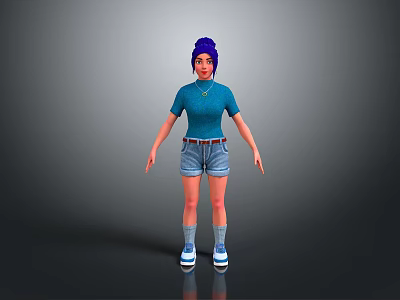Woman with purple hair wearing blue T-shirt denim shorts brown belt and white sneakers 3d model