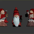 Christmas Decorative Gnome and Girl Figurines with Red Hats Lanterns on Tree Stumps