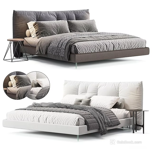 Modern Soft Padded Double Bed With Matching Bedding And Side Tables For Stylish Home Bedroom 3d model 