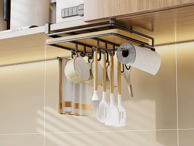 Hanging Under Cabinet Kitchen Utensil Rack With Pans Spatulas Knives And Paper Towel Holder 3d model