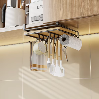 Hanging Under Cabinet Kitchen Utensil Rack With Pans Spatulas Knives And Paper Towel Holder 3d model