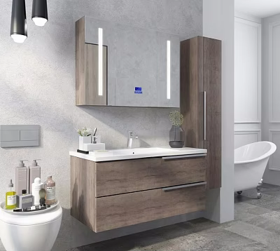 Modern Wooden Bathroom Vanity Unit With Mirror Lighting Storage Cabinet And Bathtub 3d model