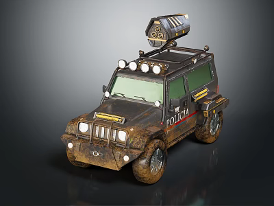 Police Utility Vehicle with Off Road Design Spotlight on Roof and Muddy Exterior 3d model