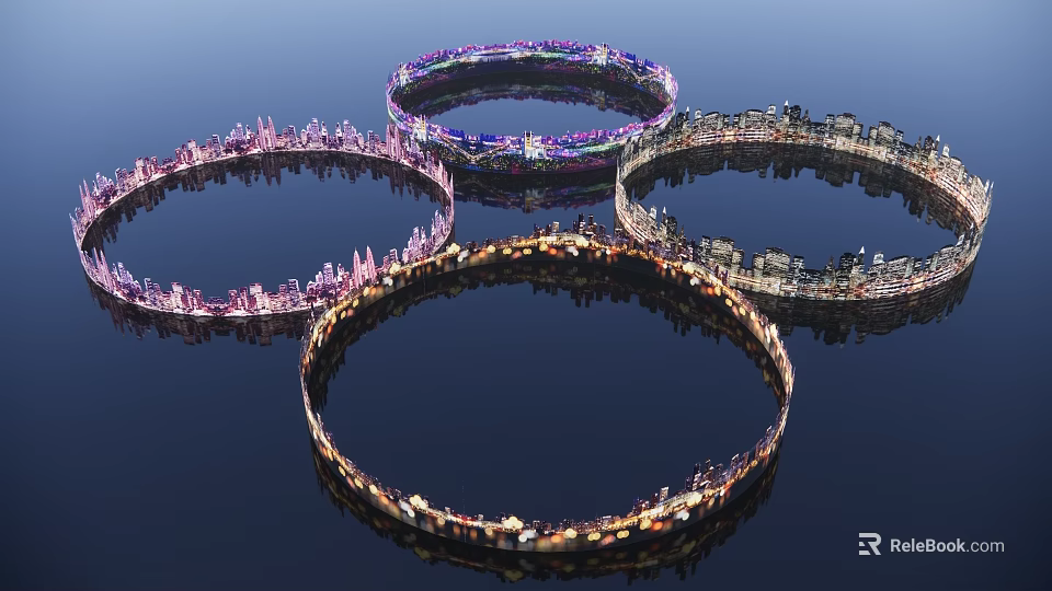 Four Glowing Circular Artistic Installations With Purple Blue Gold Hues And Reflections On Dark Background 3d model 