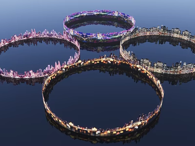 Four Glowing Circular Artistic Installations With Purple Blue Gold Hues And Reflections On Dark Background 3d model