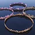 Four Glowing Circular Artistic Installations With Purple Blue Gold Hues And Reflections On Dark Background