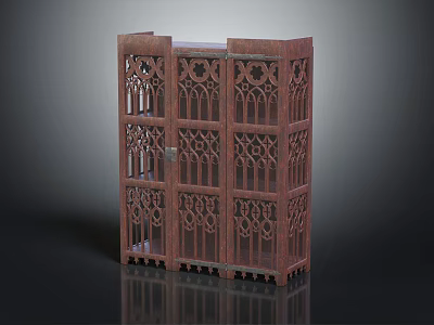 Vintage Wooden Storage Cabinet With Intricate Carved Patterns And Open Shelves 3d model