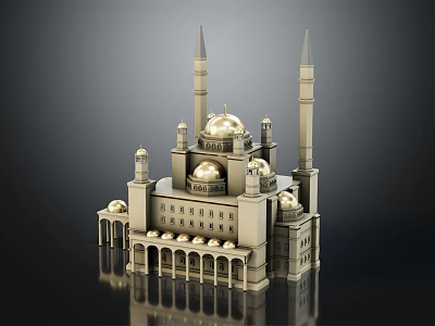 Historic Architectural Model Featuring Golden Domes Tall Minarets Arched Porticoes And Ornate Columns 3d model