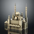 Historic Architectural Model Featuring Golden Domes Tall Minarets Arched Porticoes And Ornate Columns