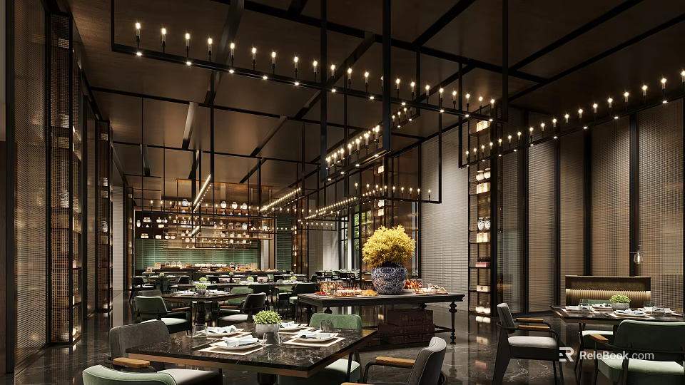 Elegant Modern Restaurant Interior With Stylish Lighting Dining Tables And Decorative Plants 3d model 