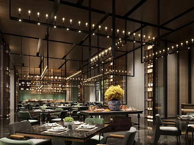 Elegant Modern Restaurant Interior With Stylish Lighting Dining Tables And Decorative Plants 3d model