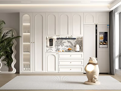 Modern White Shoe Cabinet With Storage Drawers Open Shelves And Decorative Plant 3d model