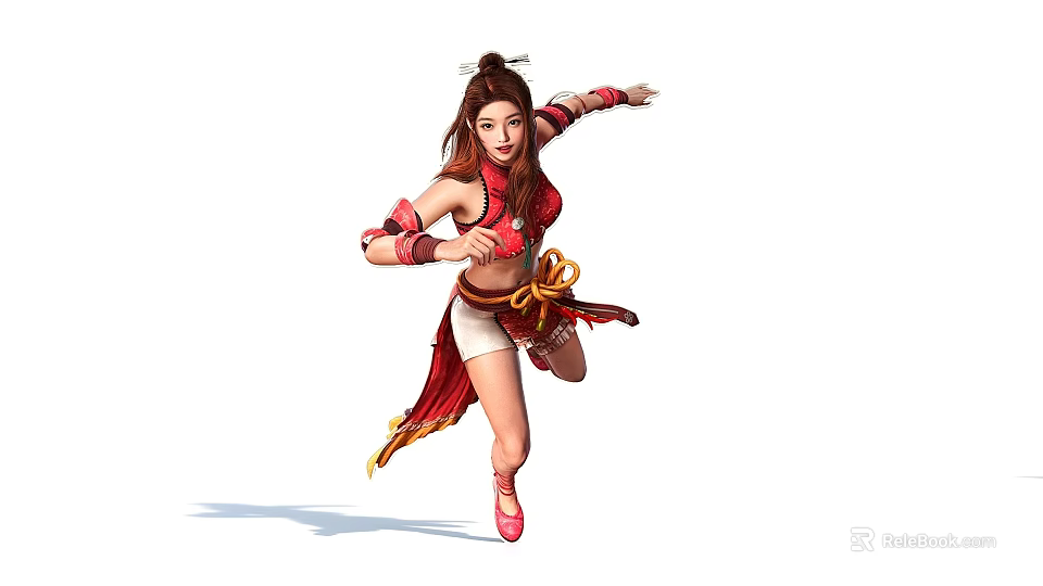 Female Warrior In Red Traditional Costume With Dynamic Running Pose 3d model 