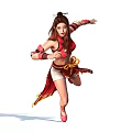 Female Warrior In Red Traditional Costume With Dynamic Running Pose