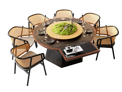 Modern Round Dining Table Set With Rattan Chairs Green Plant Decoration And Wine Glasses 3d model
