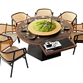 Modern Round Dining Table Set With Rattan Chairs Green Plant Decoration And Wine Glasses