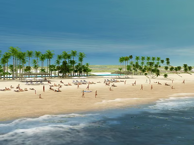 Beautiful Tropical Sandy Beach Landscape With Lush Palm Trees Gentle Sea Waves And Clear Sky 3d model