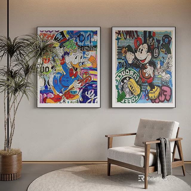 Vibrant Abstract Paintings With Cartoon Characters Graffiti Text And Colorful Elements On Wall 3d model 