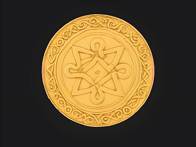 Golden Circular Ornament With Intricate Geometric Design And Decorative Border 3d model