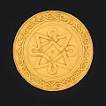 Golden Circular Ornament With Intricate Geometric Design And Decorative Border
