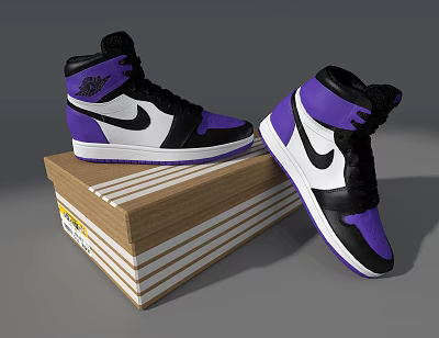 Trendy Purple Black And White High Top Sneakers On Striped Cardboard Box 3d model