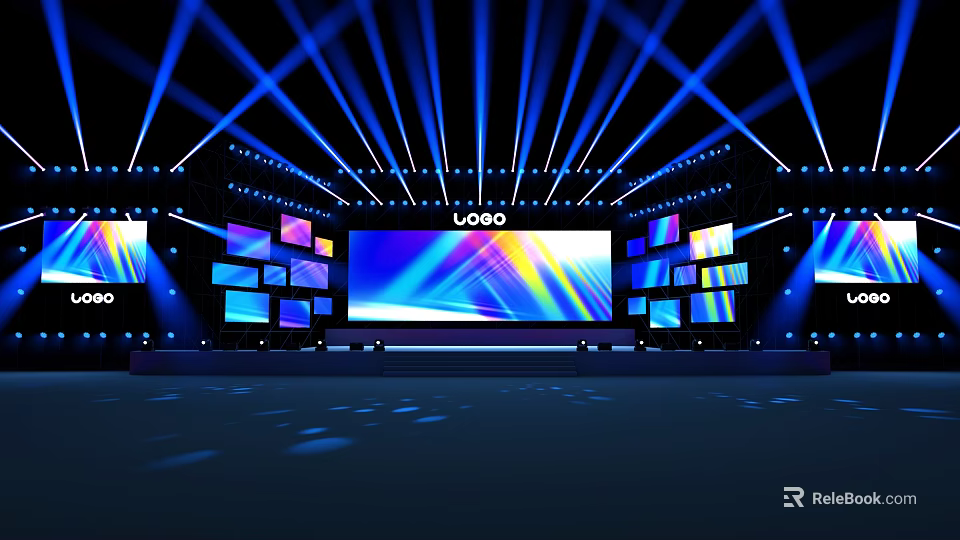 Professional Stage Setup With Blue Lighting Multiple LED Screens And Spotlights 3d model 