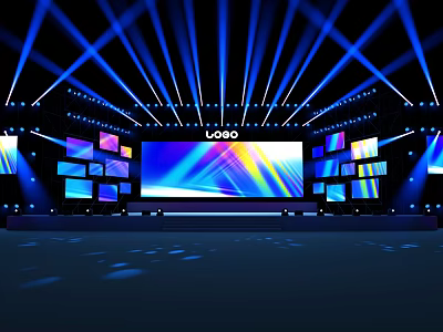 Professional Stage Setup With Blue Lighting Multiple LED Screens And Spotlights 3d model
