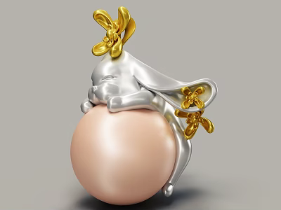 Exquisite Jewelry Piece with Pink Pearl Sphere Silver Rabbit and Golden Flower Accents 3d model