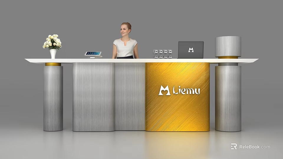 Modern Silver And Gold Reception Desk With Liemu Logo White Flower Vase Tablet And Laptop 3d model 