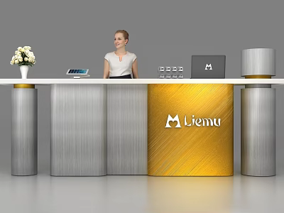 Modern Silver And Gold Reception Desk With Liemu Logo White Flower Vase Tablet And Laptop 3d model