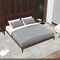 Modern Double Bed with Dark Headboard Pillows Checkered Bedspread Nightstands Table Lamps and Sea View