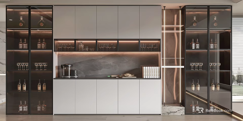 Modern Wine Cabinet With Glass Doors LED Lighting Wine Glass Rack And Storage Shelves 3d model 