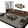Luxury Brown Leather Sofa Coffee Table Set With Accent Chairs Area Rug And Wall Art