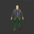 Bald Man Wearing Red Coat Blue Shirt Yellow Tie Blue Jeans And Brown Shoes