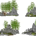 Courtyard Garden Design With Bamboo Trees Rock Features And Small Structures 3d model