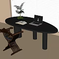 Stylish Oval Desk With Laptop Open Book Green Plant Designer Chair And Window Blinds