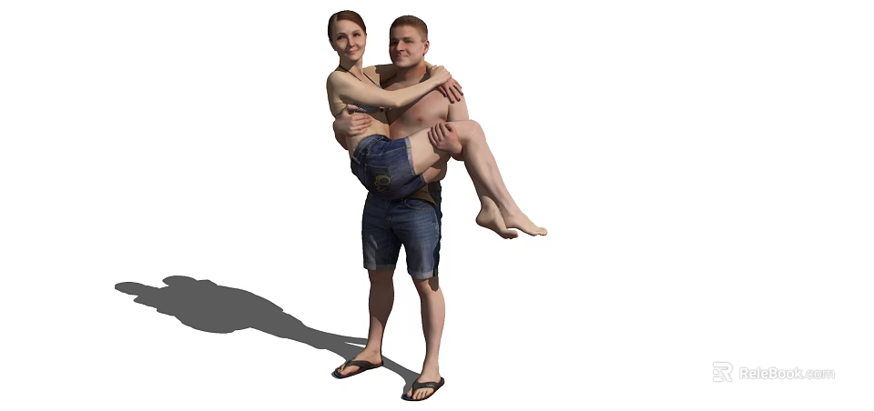 Shirtless Man Carrying Woman In Blue Shorts And Flip Flops Outdoor With Shadow 3d model 