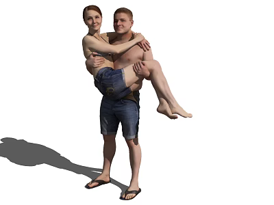 Shirtless Man Carrying Woman In Blue Shorts And Flip Flops Outdoor With Shadow 3d model