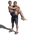 Shirtless Man Carrying Woman In Blue Shorts And Flip Flops Outdoor With Shadow
