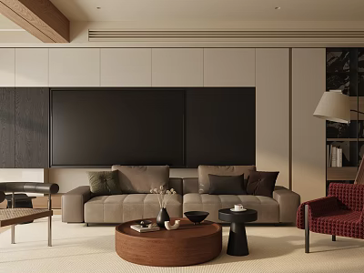 Modern Cozy Living Room Interior With Gray Sofa Red Armchair And Round Wooden Coffee Table 3d model