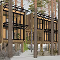 Modern Wooden Building Exterior With Black Frames Glass Windows And Tree Surroundings